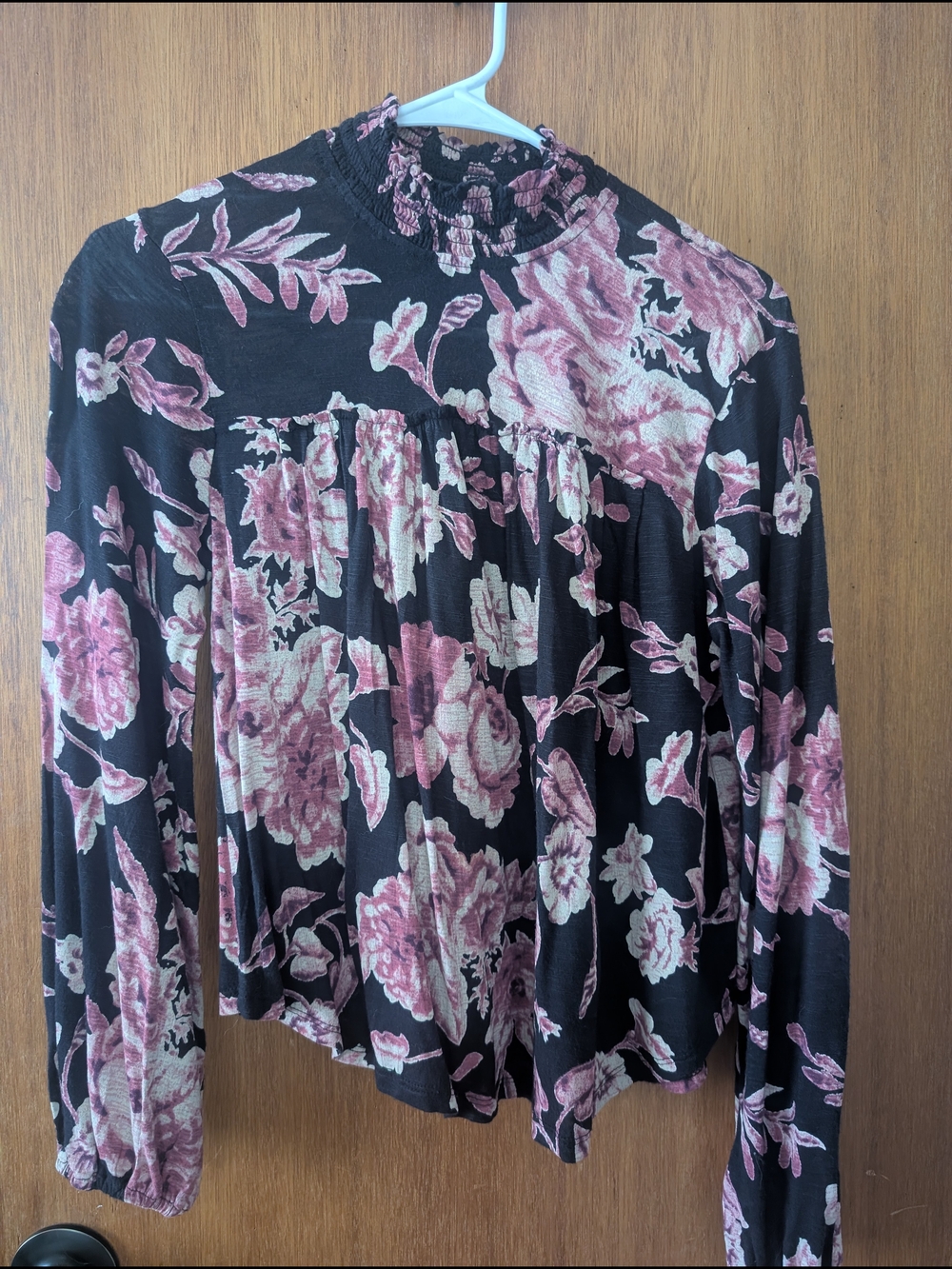 Lucky Brand Black Floral Smocked-Neck Blouse